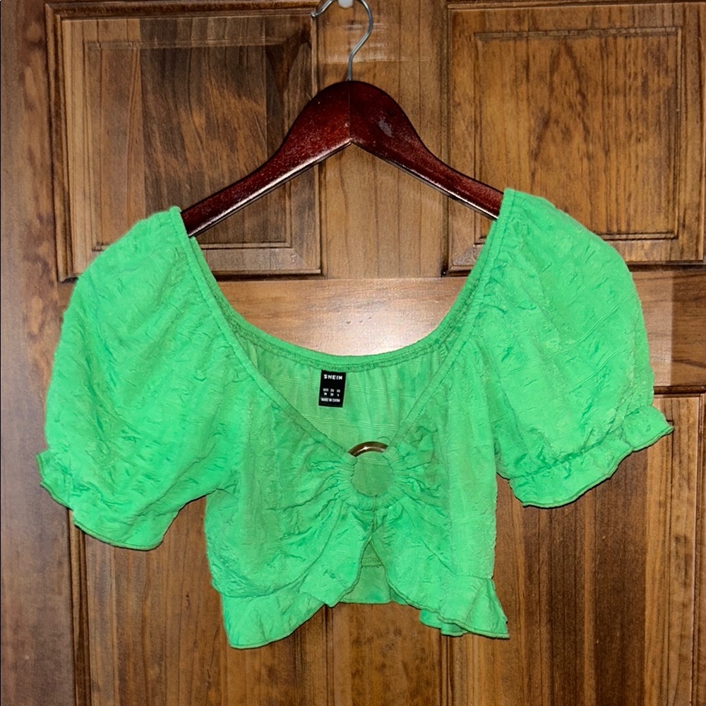 SHEIN Green Ruched Cut Out Crop Blouse